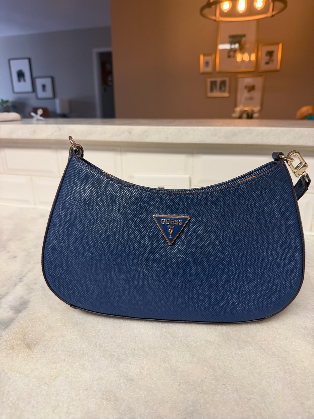 GUESS Navy Blue Saffiano Crescent Shoulder Bag